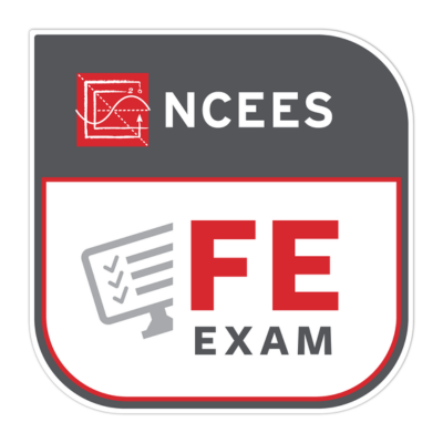 The NCEES FE Exam logo features a gray and white shield shape with a red square containing a white graph, the text NCEES, and a computer monitor icon.