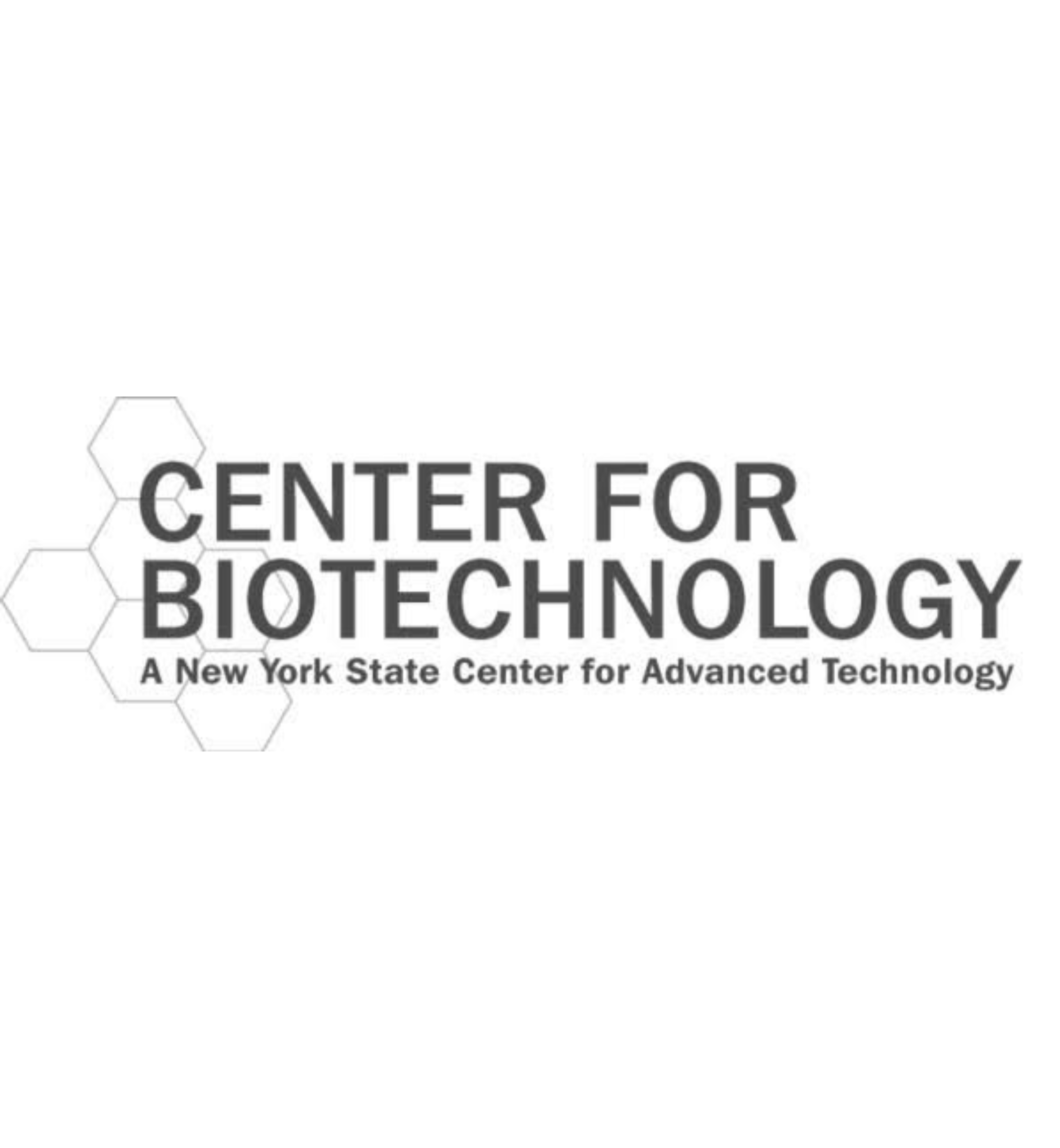 Black Text over a hive of white hexagons. The text says Center for Biotechnology, A New York State Center for Advanced Technology