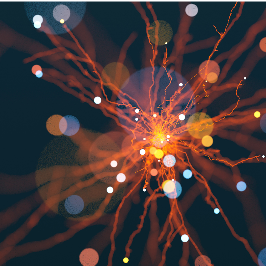 Abstract image of curly, orange tendrils of energy on a dark background