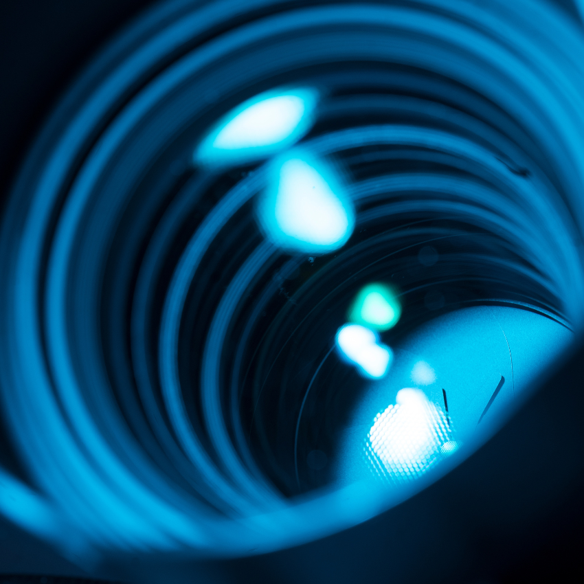 Close up view of a blue lens