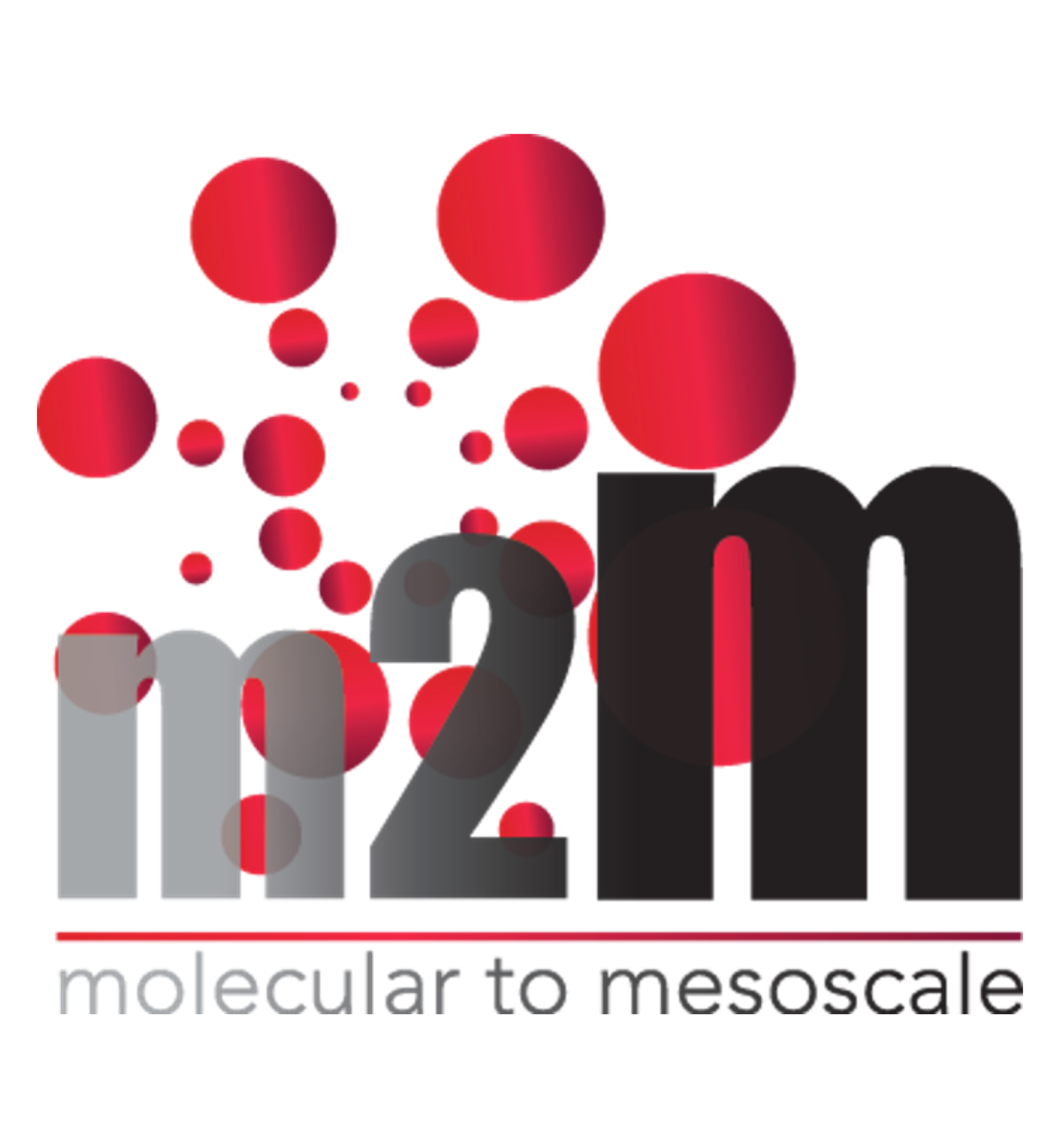 m2m Logo, Text that says m2m molecular to mesoscale with red gradient circles arranged in a spiral behind the text