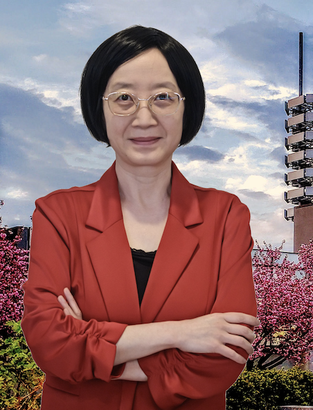 Agnes He headshot, person with glasses in red blazer and hands crossed