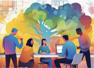 Group of Five People Gathered at a Table Discussing Against a Vibrant Colored Background with a Tree