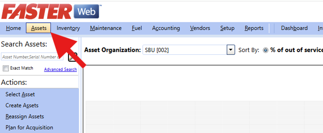 A screenshot of the FASTER Web interface with a large red arrow pointing to the "Assets" tab in the top navigation menu.