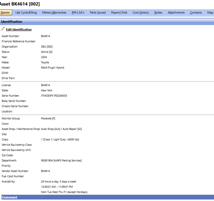 Alt Text Options for Asset_Details10.png This image provides a closer look at the left side of the asset record we saw in the previous screenshots. Since there are no red instructional arrows, the focus is strictly on the information presented in this specific section. Here are a few options for your alt text:  Concise (Recommended): A cropped screenshot of the "Master" tab for Asset BK4614 in FASTER Web, focusing on the "Identification" section that lists the vehicle's specifications.