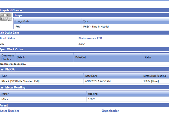 A cropped screenshot of the asset record in FASTER Web, focusing on the quick-reference summary panels such as Life Cycle Cost, Open Work Order, and Last Meter Reading.