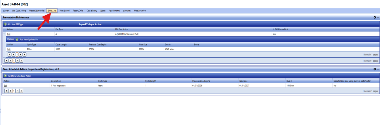 A screenshot of an asset record in FASTER Web, with a large red arrow pointing to the "PM's, SA's" tab in the horizontal sub-navigation menu.
