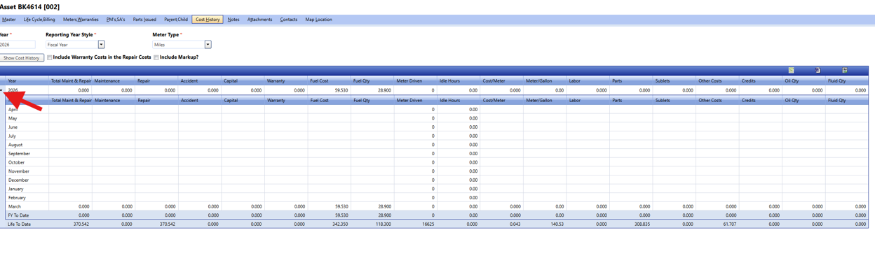 A screenshot of the "Cost History" tab for an asset record in FASTER Web, with a large red arrow pointing to the expand toggle next to the year "2026" in the data table.