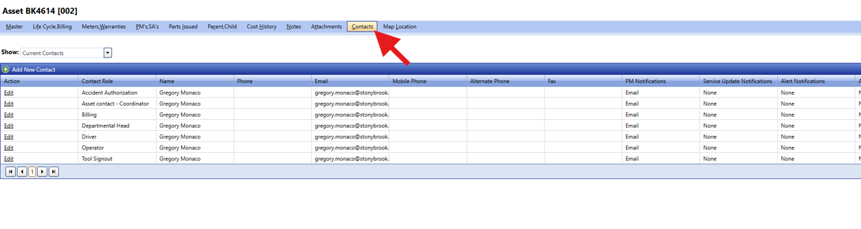 A screenshot of an asset record in FASTER Web, with a large red arrow pointing to the "Contacts" tab in the horizontal sub-navigation menu.