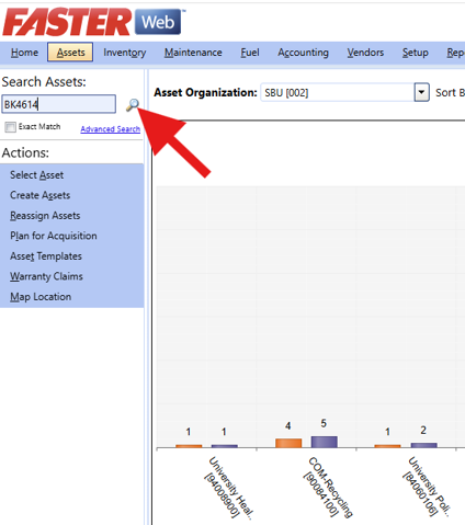 A screenshot of the FASTER Web interface showing "BK4614" entered in the "Search Assets:" field, with a large red arrow pointing to the magnifying glass search icon.