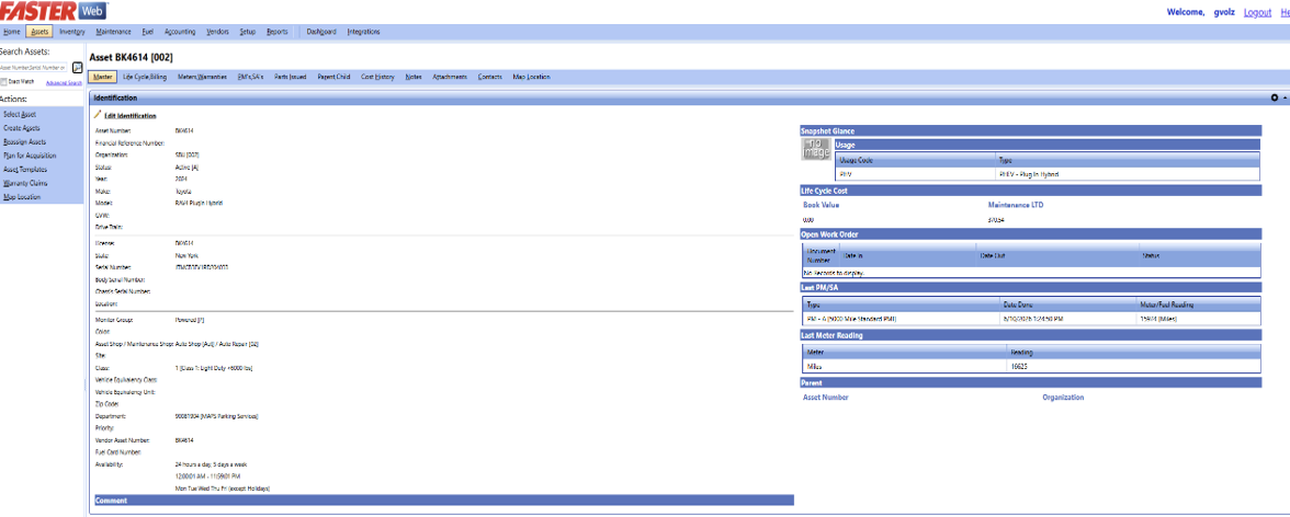 A screenshot of the "Master" tab for Asset BK4614 in FASTER Web, showing the vehicle's general identification details and snapshot summary panels.