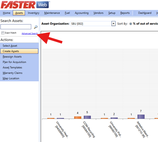 A screenshot of the FASTER Web interface with a large red arrow pointing to the "Advanced Search" link in the left sidebar.