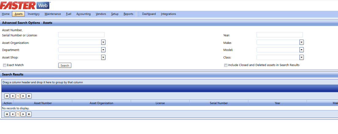 A screenshot of the Advanced Search Options screen for Assets in FASTER Web, displaying various blank filter fields and an empty Search Results table.