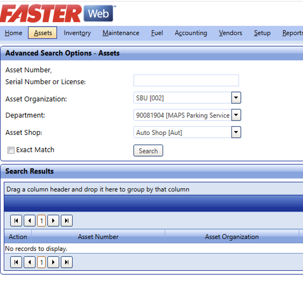 A screenshot of the Advanced Search Options in FASTER Web, showing specific dropdown filters selected for Organization, Department, and Asset Shop before executing a search.