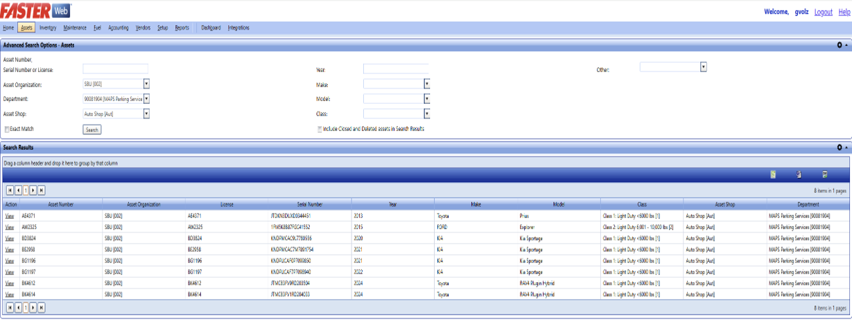 A screenshot of the Advanced Search Options screen in FASTER Web, showing a populated Search Results table based on the applied filters.