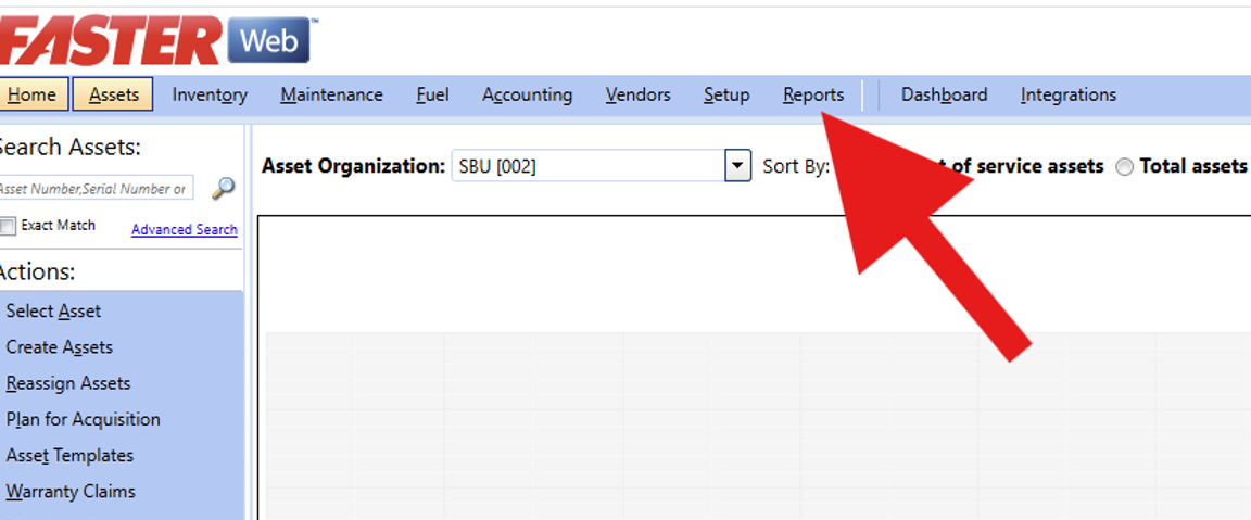 Screenshot demonstrating how to access reports in FASTER Web, highlighting the "Reports" link in the main menu bar with a red arrow.