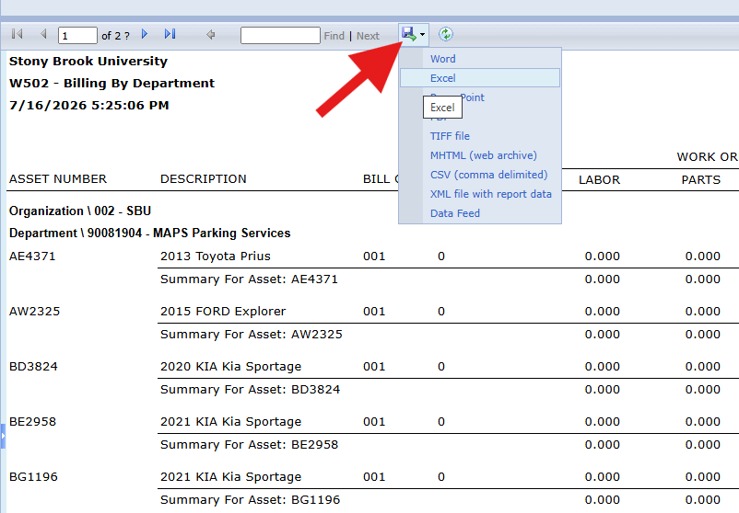 A screenshot showing a red arrow pointing to the export icon in the report viewer, which displays a dropdown menu of file formats like Word, Excel, and PDF.