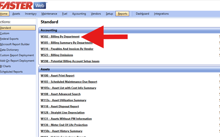 A screenshot of the FASTER Web Reports section with a large red arrow pointing to the "W502 - Billing By Department" link under the Accounting category.