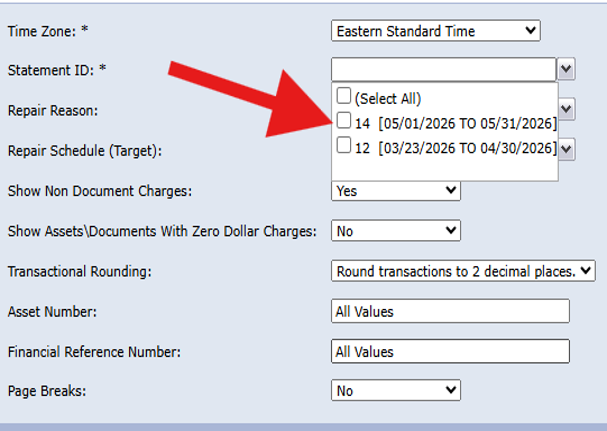 A screenshot showing a red arrow pointing to the option "14 [05/01/2026 TO 05/31/2026]" in the Statement ID dropdown menu.