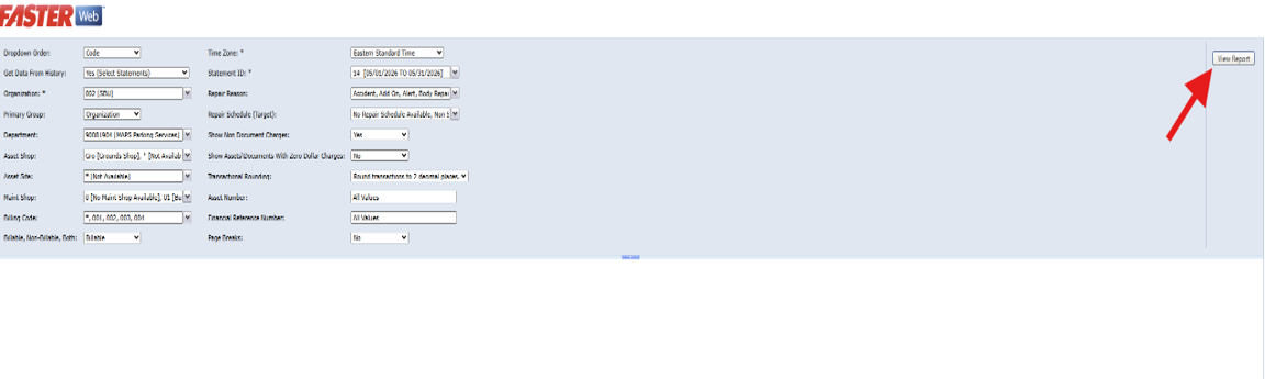 A screenshot of the completed FASTER Web report form with a red arrow pointing to the "View Report" button on the top right.