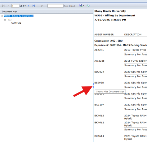 A screenshot showing a red arrow pointing to the "Show / Hide Document Map" toggle button, located on the divider between the sidebar and the main report.