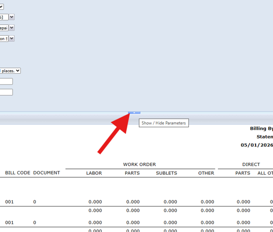 A screenshot showing a red arrow pointing to the "Show / Hide Parameters" toggle button, located on the horizontal divider between the top parameter form and the generated report below.
