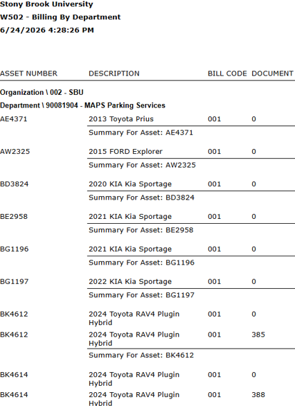 A screenshot showing the generated "W502 - Billing By Department" report for Stony Brook University, listing vehicle assets for the MAPS Parking Services department.