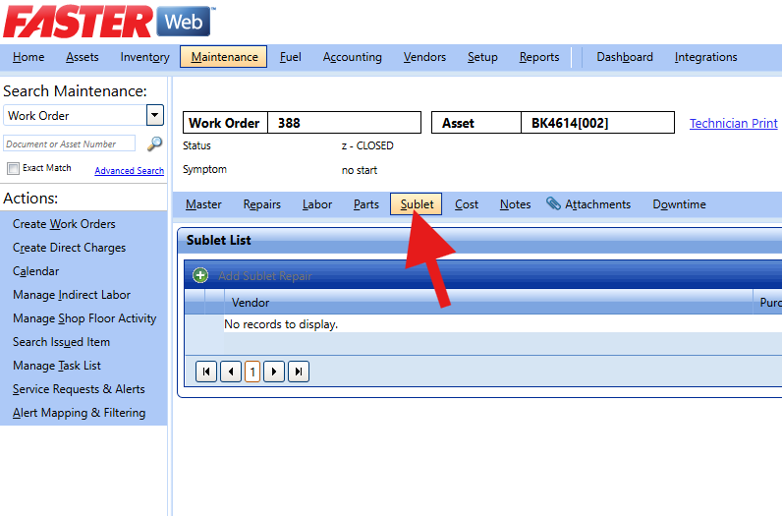 A screenshot of a work order record in FASTER Web, with a large red arrow pointing to the "Sublet" tab in the sub-navigation menu.