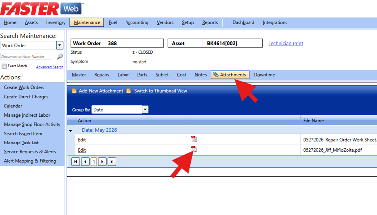 A screenshot of a work order record in FASTER Web with two red arrows: one pointing to the "Attachments" tab in the sub-navigation menu, and a second pointing to a PDF file icon in the list of attached documents.