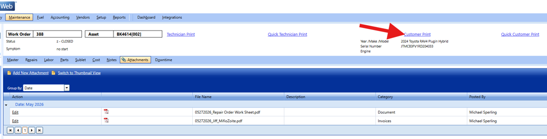 A screenshot of a work order record in FASTER Web, with a large red arrow pointing to the "Customer Print" link in the top right section of the screen.  Action-Oriented: Screenshot demonstrating how to generate a customer-facing copy of