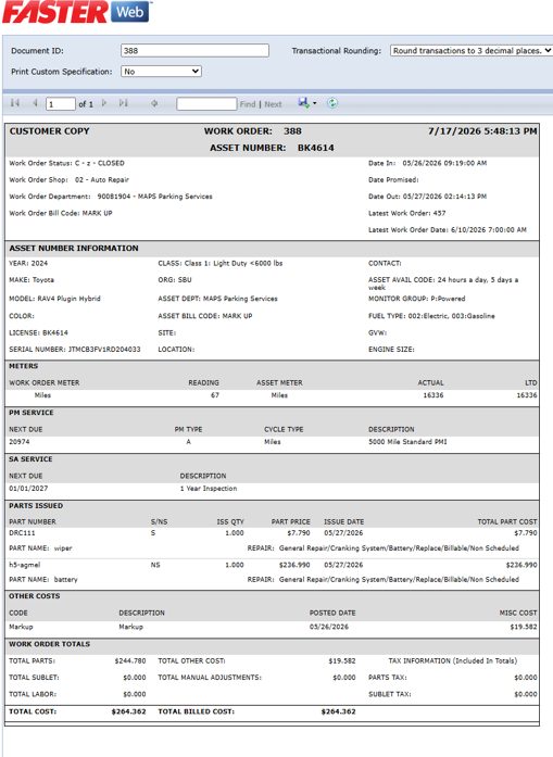 A screenshot showing the generated "Customer Copy" document for Work Order 388 in FASTER Web, displaying detailed asset, repair, and cost information.