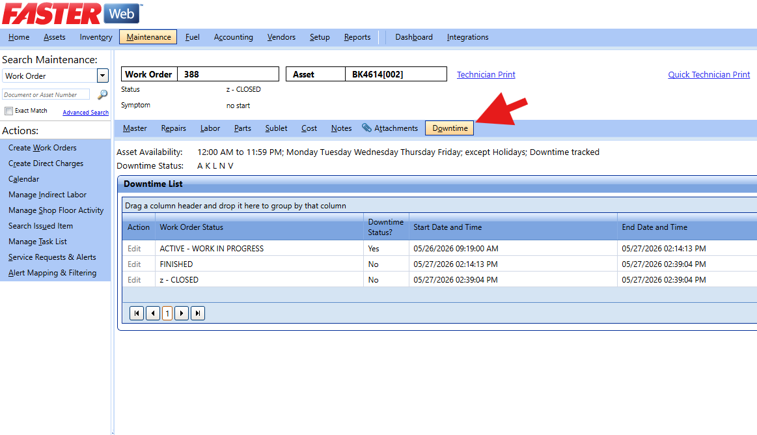 A screenshot of a work order record in FASTER Web, with a large red arrow pointing to the "Downtime" tab in the sub-navigation menu.