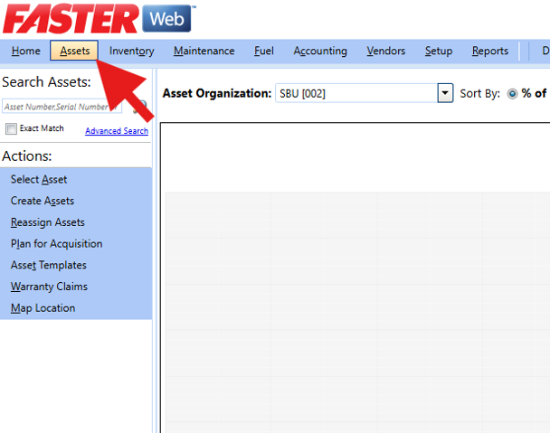 A screenshot of the FASTER Web interface with a large red arrow pointing to the "Assets" tab in the top navigation menu.