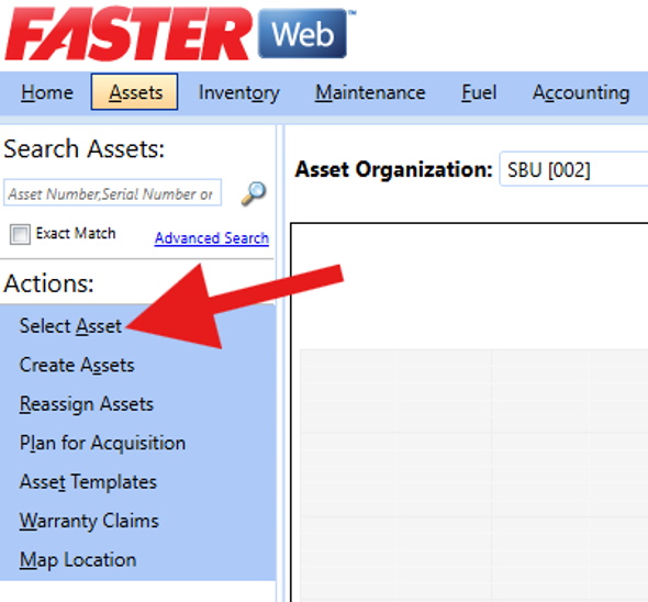 A screenshot of the FASTER Web interface with a large red arrow pointing to the "Select Asset" link in the left sidebar under the Actions menu.