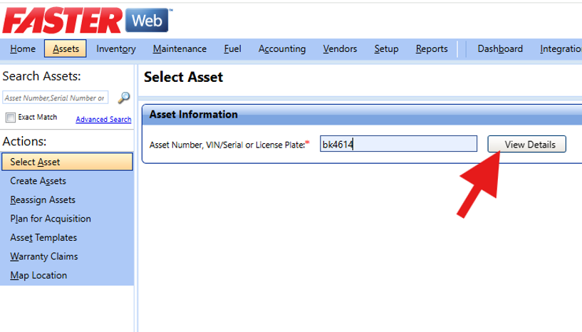 A screenshot of the "Select Asset" search form in FASTER Web, showing the asset number "bk4614" entered into the field with a red arrow pointing to the "View Details" button.