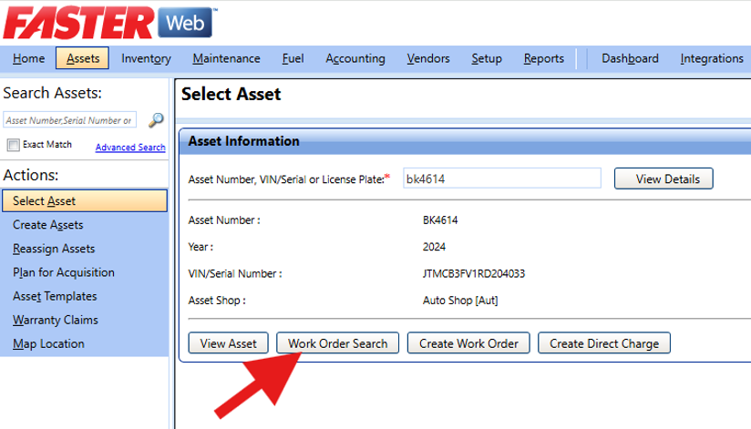 A screenshot of the Asset Information panel in FASTER Web for asset BK4614, with a large red arrow pointing to the "Work Order Search" button.