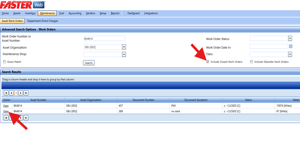 A screenshot of the Work Orders search page in FASTER Web with two red arrows: one pointing to the checked "Include Closed Work Orders" box, and another pointing to the "View" link for document number 388 in the search results below.