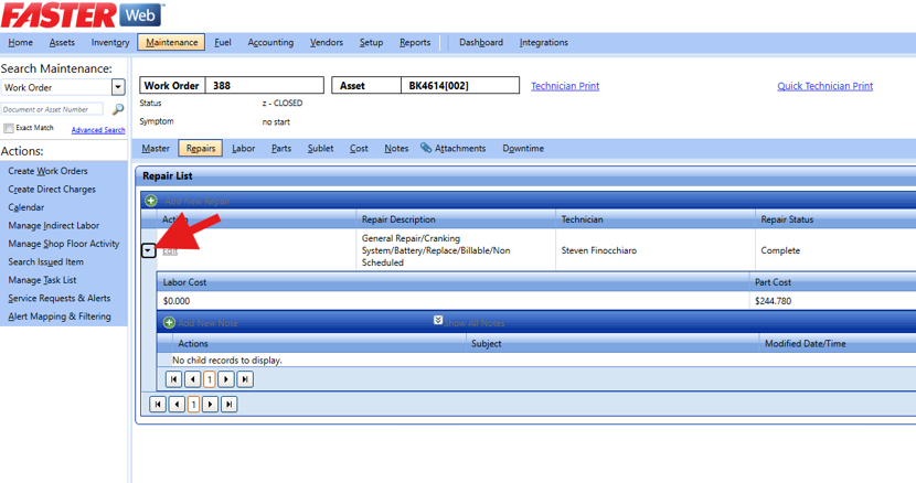 A screenshot of the Repair List in FASTER Web, with a large red arrow pointing to the expand arrow icon next to a repair entry.