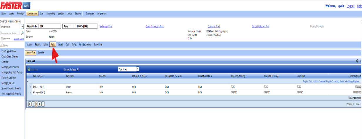 A screenshot of a work order record in FASTER Web, with a large red arrow pointing to the "Parts" tab in the sub-navigation menu.