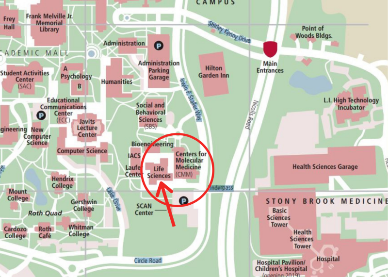Campus map showing location of the Life Sciences Building with a red circle
