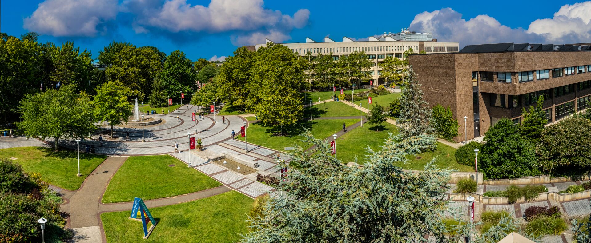 Aerial view of the academic mall with fountain in the background