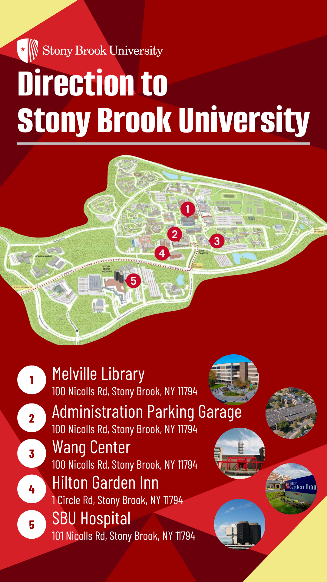 Map of Stony Brook University with key buildings