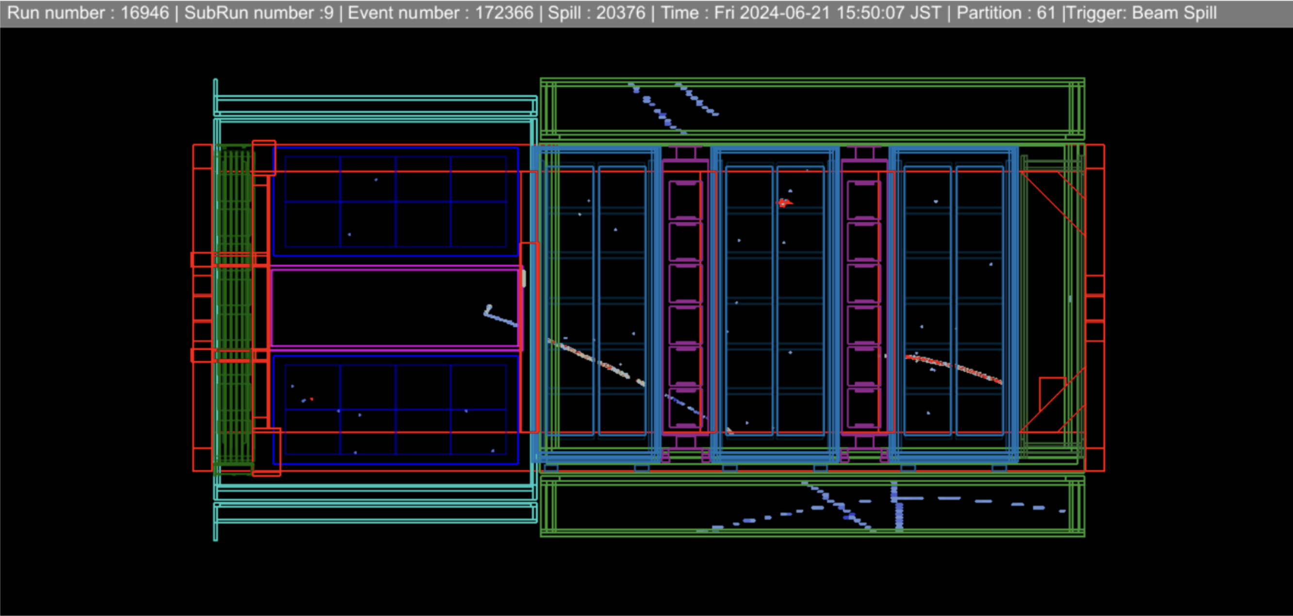 Upgrade ND280 event display showing a neutrino interaction candidate inside SuperFGD Upgrade ND280 event display showing a neutrino interaction candidate inside SuperFGD