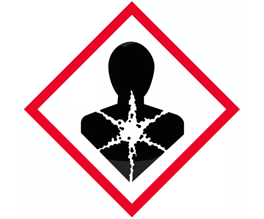 OSHA icon representing health hazard. A black silhouette of a person with a white star emanating from their chest area.  