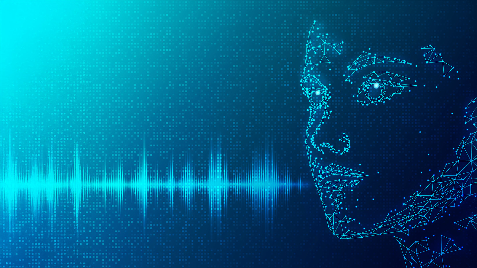 A digital blue background featuring an abstract wireframe face alongside a glowing sound wave graphic, representing voice recognition technology.