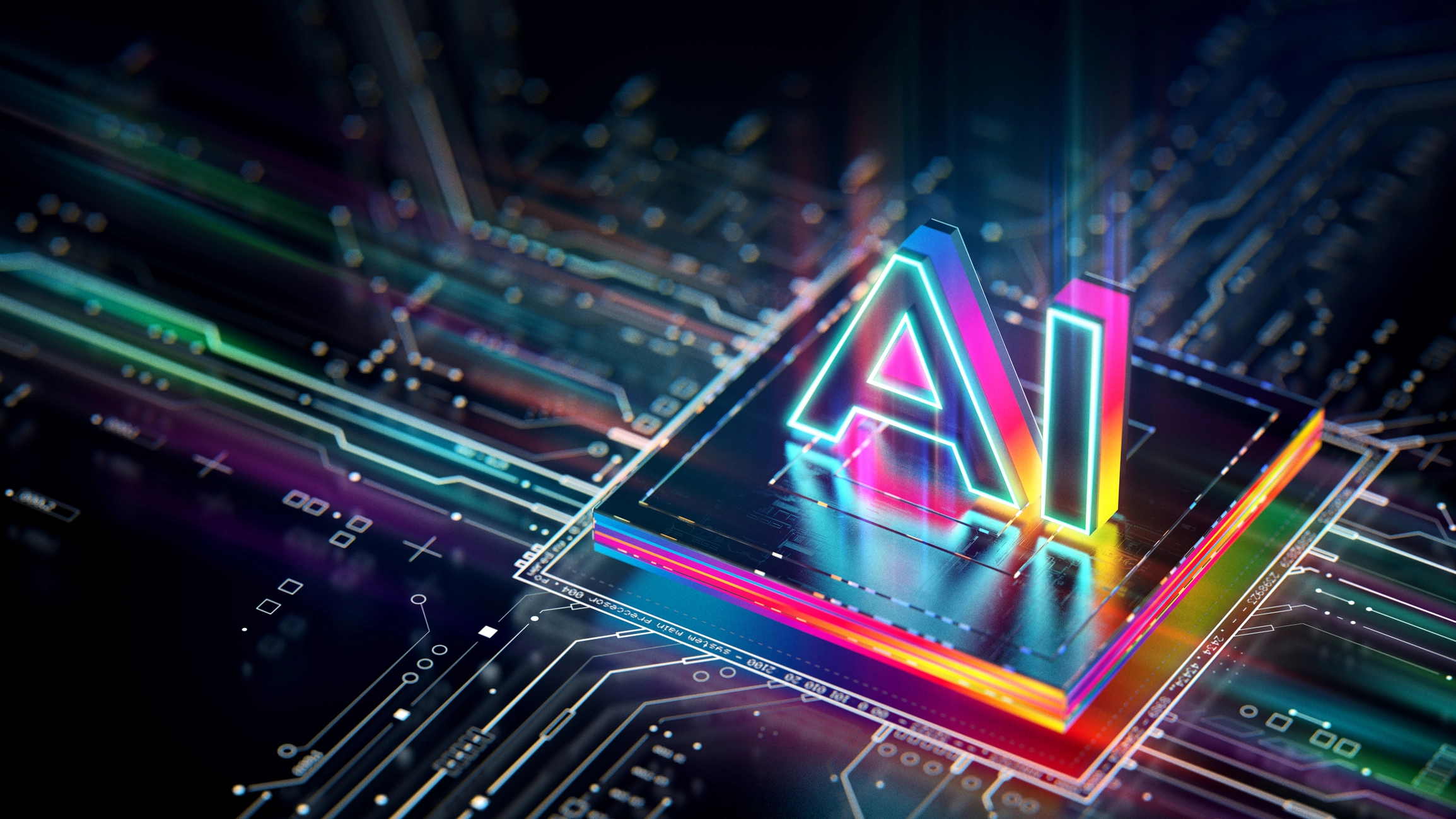 A glowing neon 3D "AI" emblem on top of a microchip processor on a colorful computer circuit board.