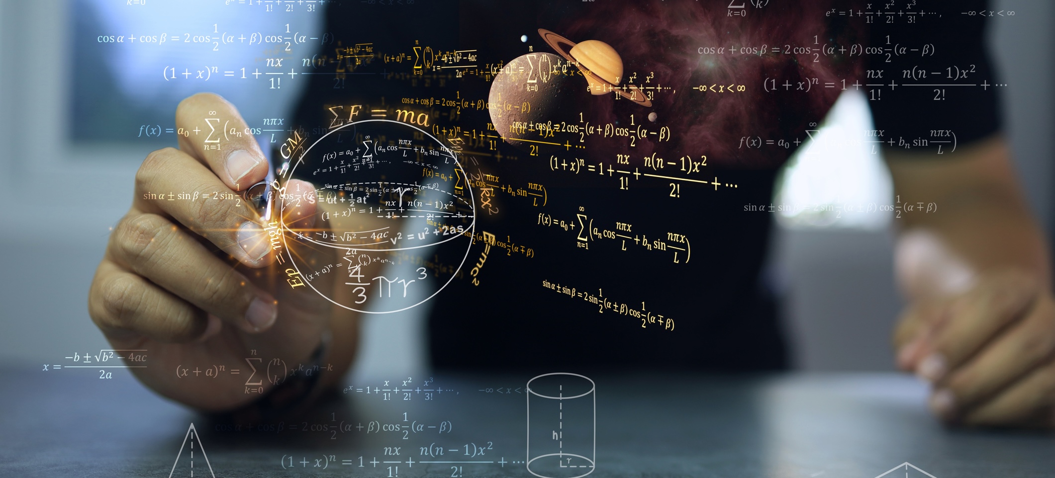A person writing glowing mathematical formulas, physics equations, and geometric diagrams in mid-air alongside planet graphics.