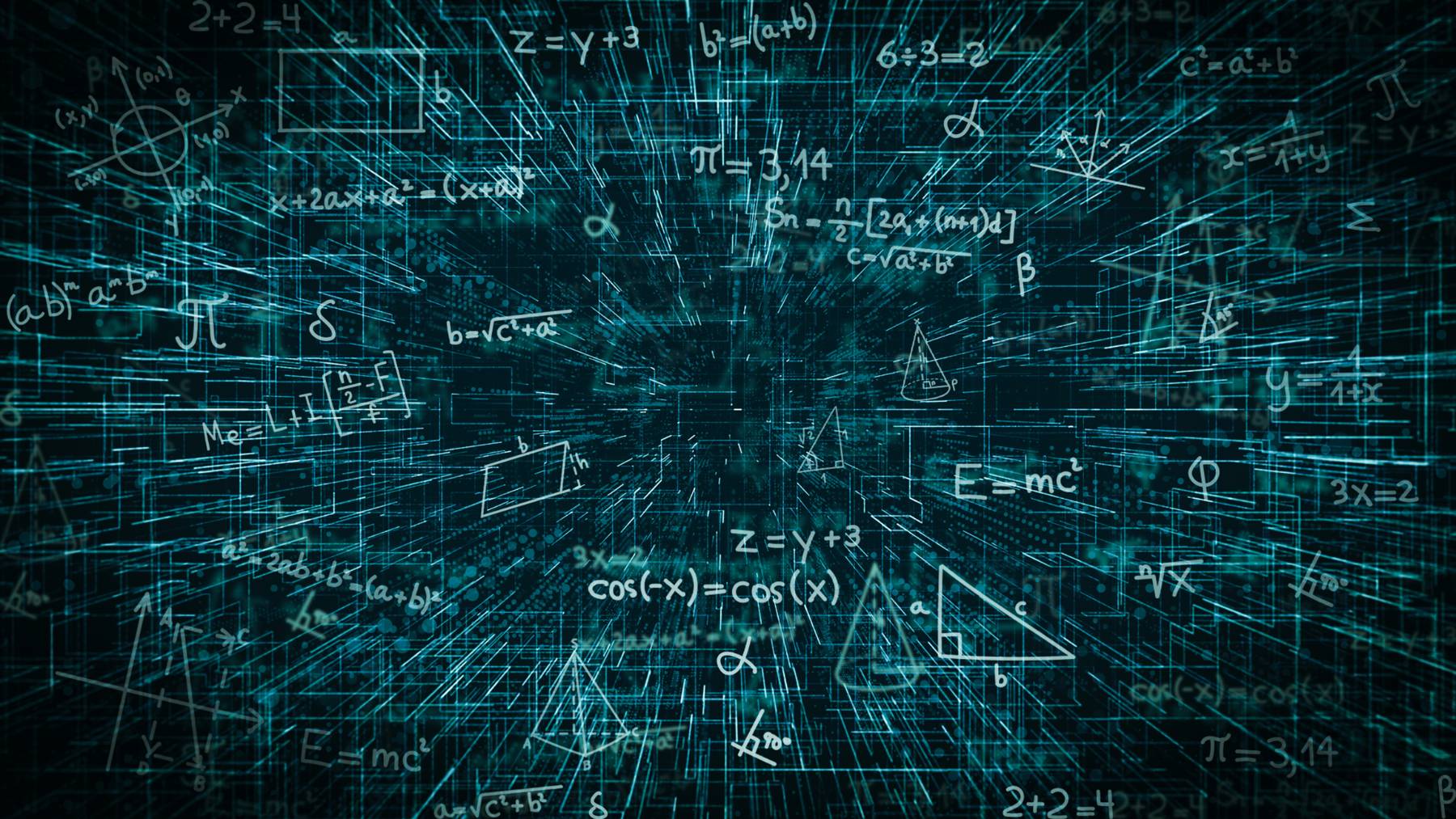 A digital background filled with glowing mathematical equations and geometric formulas.