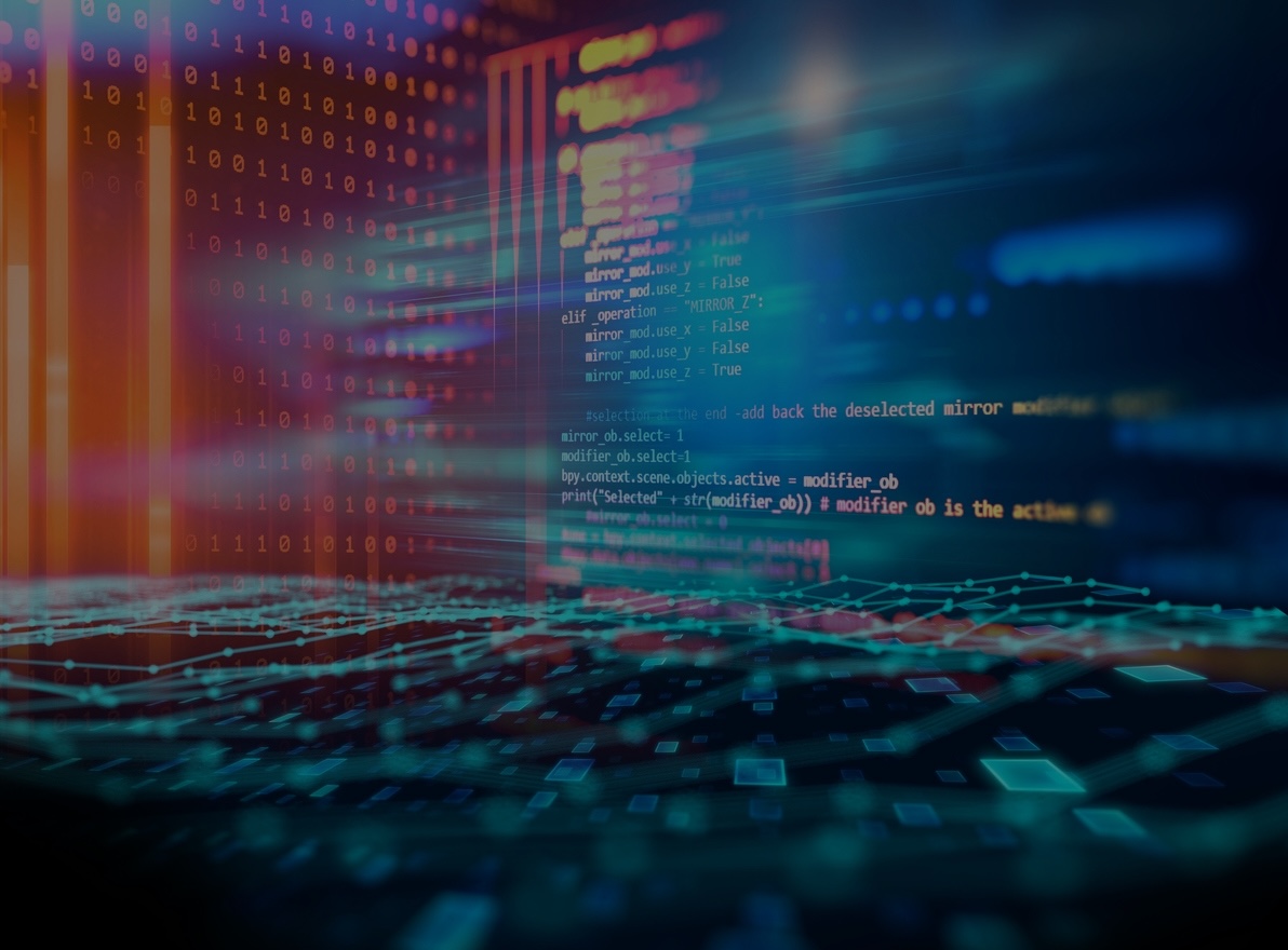 Code, grids and symbols floating around with colors in an abstract display