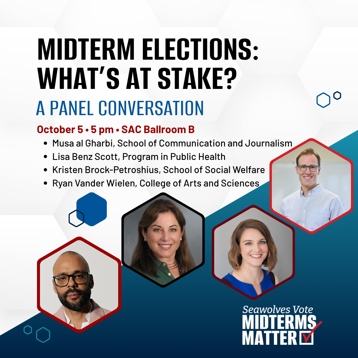 midterms Matter: What's at Stake graphic with headshots of the four faculty panelists
